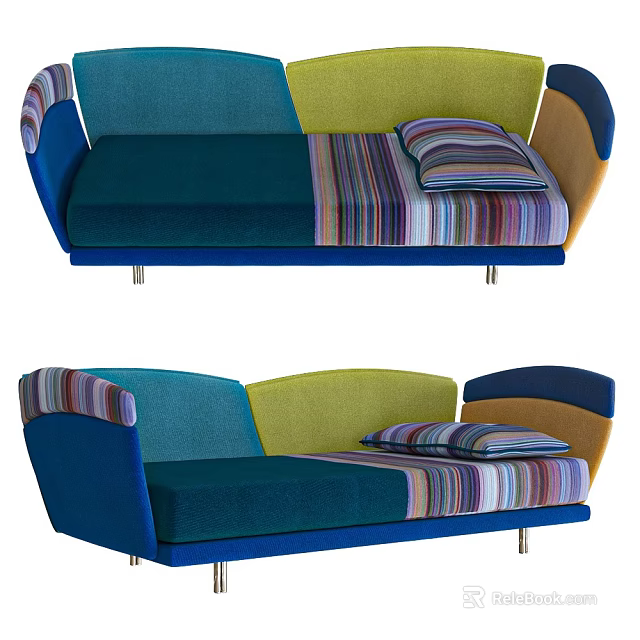 Colorful Sectional Sofa Design With Patchwork Panels And Striped Accent Cushions 3d model