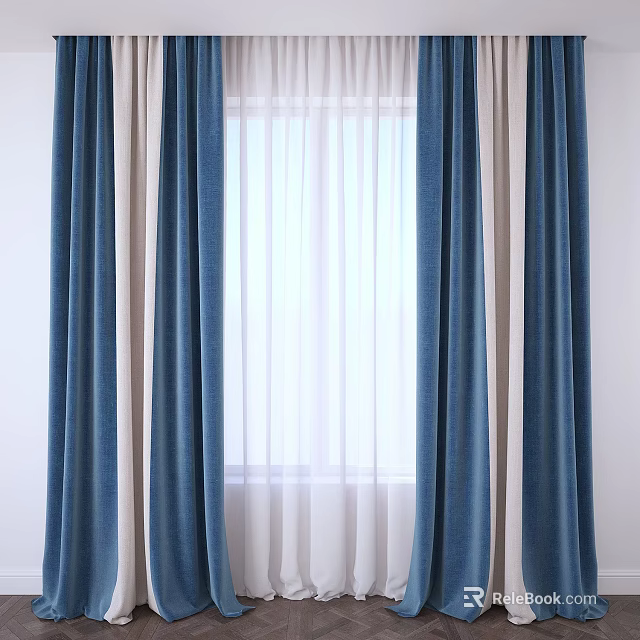 Modern Blue And White Layered Curtains With Sheer Inner Panel Design 3d model