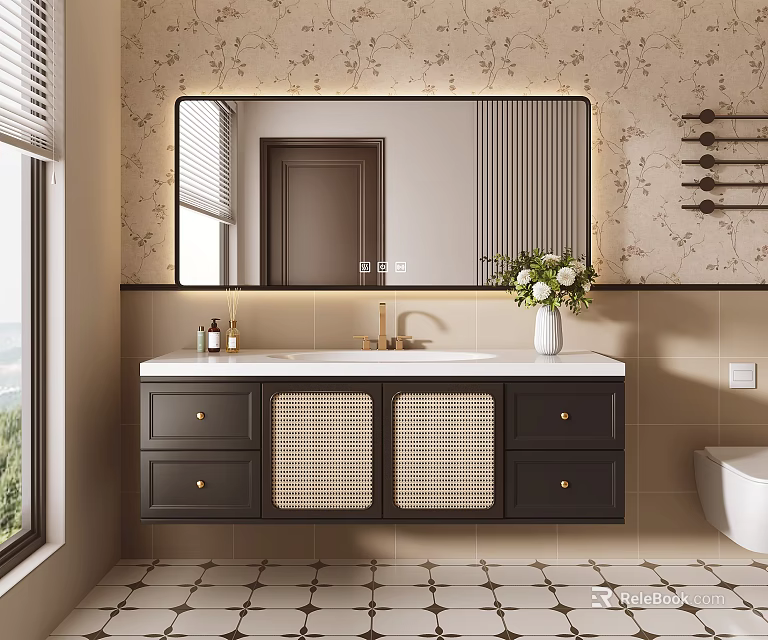 Modern Bathroom Vanity With White Countertop Gold Faucet Dark Cabinets Woven Doors And Patterned Wallpaper 3d model 
