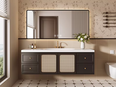 Modern Bathroom Vanity With White Countertop Gold Faucet Dark Cabinets Woven Doors And Patterned Wallpaper 3d model