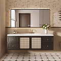 Modern Bathroom Vanity With White Countertop Gold Faucet Dark Cabinets Woven Doors And Patterned Wallpaper