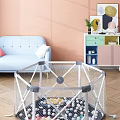 Hexagonal Baby Playpen With Colorful Balls On Wooden Floor Indoor Safe Design