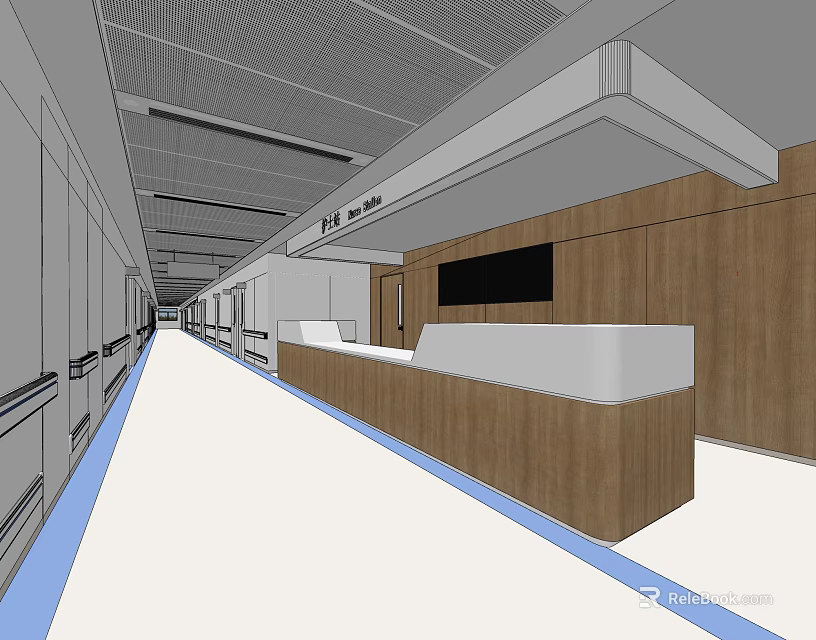 Elevator Hallway Interior With Wooden Walls Reception Counter Ceiling And Exit Signage 3d model 