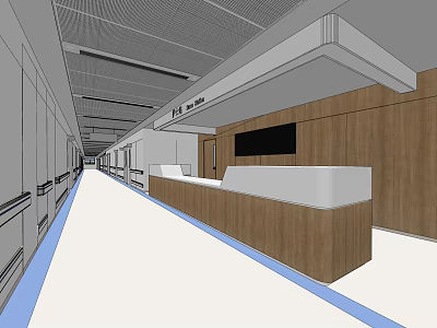 Elevator Hallway Interior With Wooden Walls Reception Counter Ceiling And Exit Signage 3d model