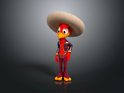 Red Bird Character Wearing Sombrero Hat Black Jacket Red Pants And Yellow Feet 3d model