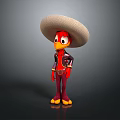 Red Bird Character Wearing Sombrero Hat Black Jacket Red Pants And Yellow Feet