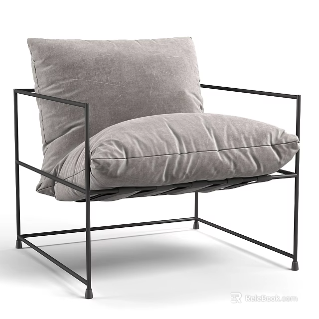 Modern Minimalist Leisure Chair With Black Metal Frame And Gray Cushions 3d model 
