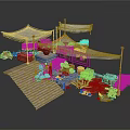 Traditional Outdoor Market Stall With Canvas Canopies Clay Pots Baskets And Plants