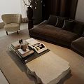 Minimalist Living Room Design With Brown Sofa Stone Coffee Table Flat TV And Window Blinds