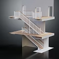 Multi Level Wooden Staircase With White Railings And Floating Platforms 3d model