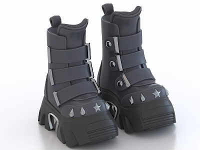 Stylish Black Boots With Multiple Straps Star Decorations And Thick Soles 3d model