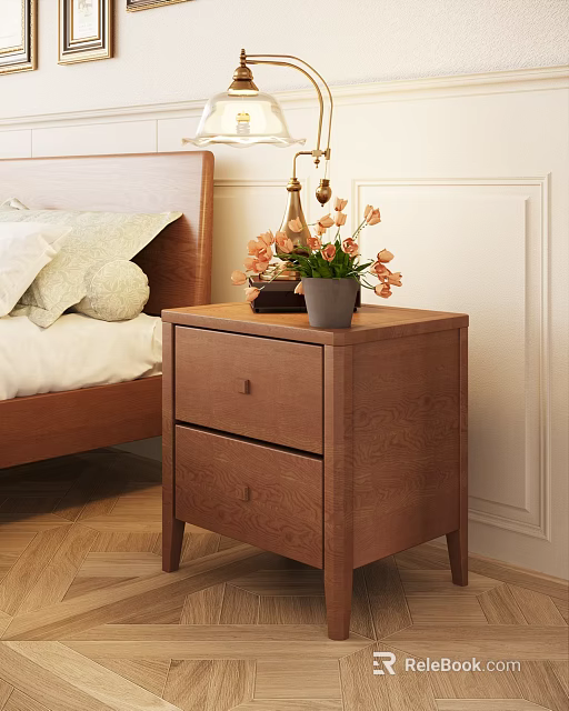Modern Wooden Bedside Table With Drawers Table Lamp And Flower Vase Decor 3d model 