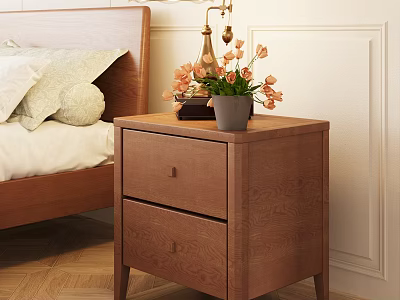 Modern Wooden Bedside Table With Drawers Table Lamp And Flower Vase Decor 3d model