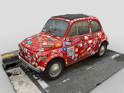 Red Small Car Covered With Various Colorful Stickers Parked On Road 3d model