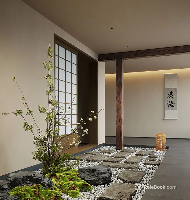 Traditional Japanese Tea Room Interior With Wooden Pillar Stone Pathway Green Plants And Calligraphy Scroll 3d model 
