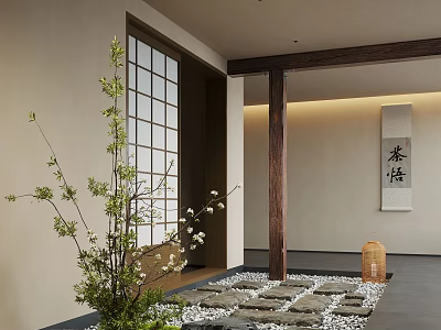 Traditional Japanese Tea Room Interior With Wooden Pillar Stone Pathway Green Plants And Calligraphy Scroll 3d model