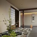 Traditional Japanese Tea Room Interior With Wooden Pillar Stone Pathway Green Plants And Calligraphy Scroll