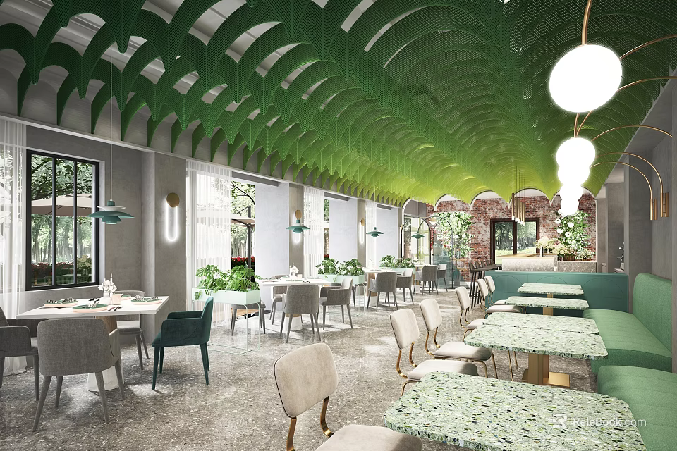 Elegant Restaurant Interior With Green Leaf Shaped Ceiling Pendant Lights Tables Chairs And Plants 3d model 
