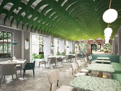 Elegant Restaurant Interior With Green Leaf Shaped Ceiling Pendant Lights Tables Chairs And Plants 3d model