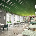 Elegant Restaurant Interior With Green Leaf Shaped Ceiling Pendant Lights Tables Chairs And Plants