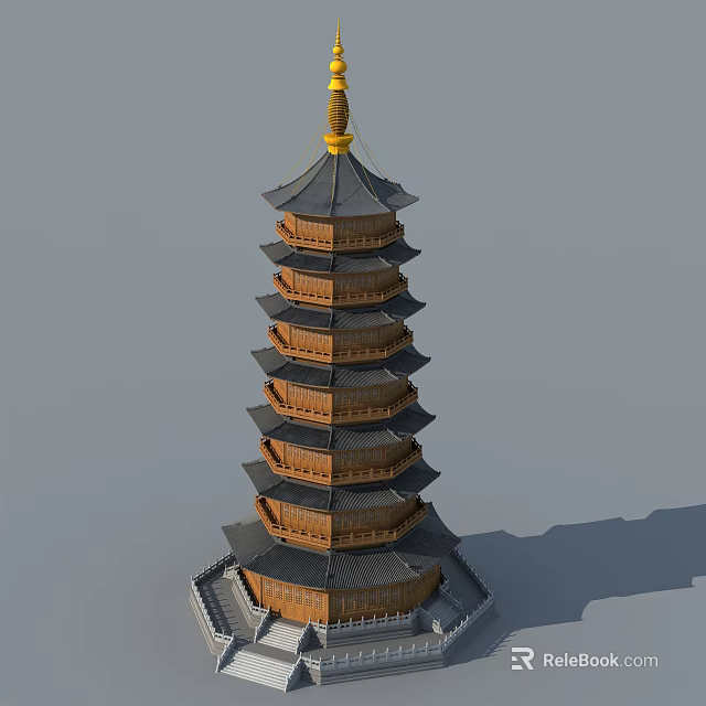 Traditional Wooden Pagoda With Multiple Layers Overhanging Eaves And Golden Top 3d model 
