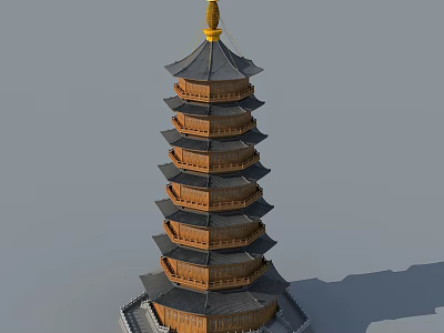 Traditional Wooden Pagoda With Multiple Layers Overhanging Eaves And Golden Top 3d model