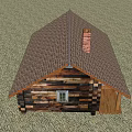 Rustic Log Cabin With Wooden Roof Brick Chimney Porch Green Grass And Mountain View