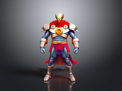 Superhero 3D Character Model With Golden Helmet Red Cape Yellow Chest Emblem And Blue Bodysuit 3d model
