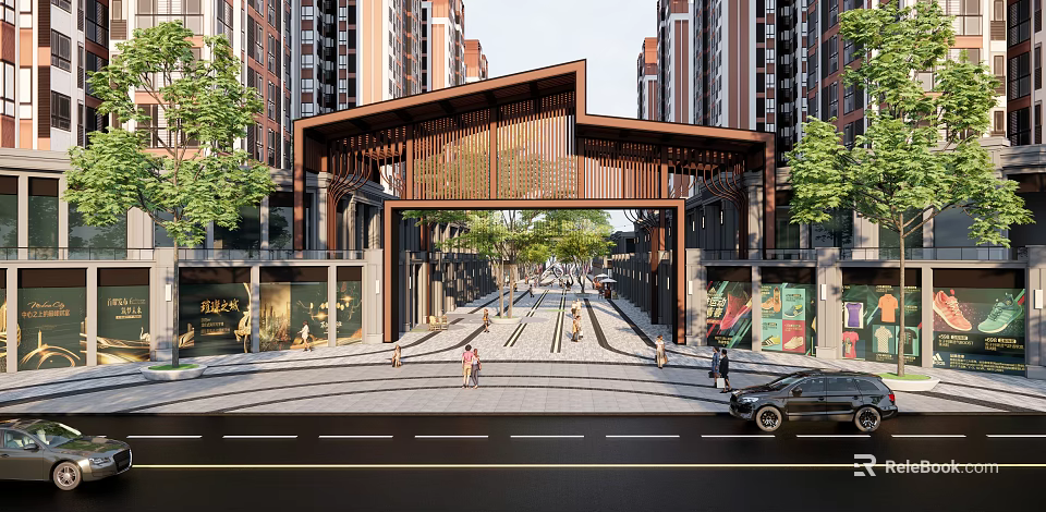 Modern Commercial Street With Wooden Entrance Arch High Rise Buildings Shops Green Trees And Pedestrians 3d model 