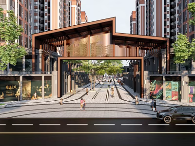 Modern Commercial Street With Wooden Entrance Arch High Rise Buildings Shops Green Trees And Pedestrians 3d model