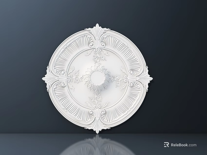 White Circular Carved Ceiling Medallion With Intricate Patterns On Dark Background 3d model 