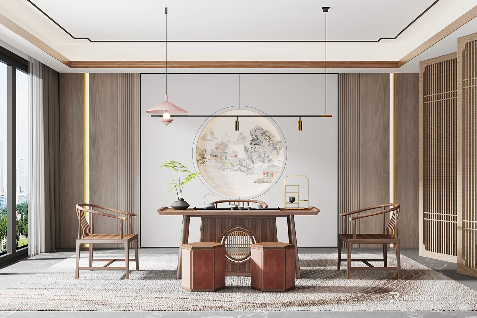 Traditional Tea Room Interior Design With Wooden Table Chairs Round Landscape Painting And Green Plant 3d model 