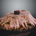 Vintage Electronic Radio Placed On Natural Tree Stump With Grass And Leaves