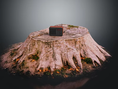 Vintage Electronic Radio Placed On Natural Tree Stump With Grass And Leaves 3d model