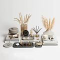 Stylish Decorative Ornament Set With Pampas Grass Vases Aroma Diffusers Candles Trays And Books
