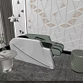 Modern White And Green Massage Chair With Geometric Wall And Green Ottoman In Living Room