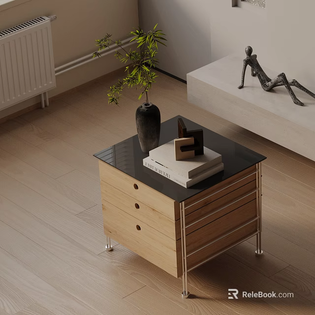 Modern Side Table with Wooden Drawers Black Top Vase Books and Decor 3d model 