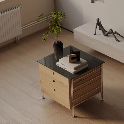 Modern Side Table with Wooden Drawers Black Top Vase Books and Decor 3d model