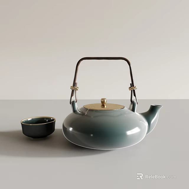 Elegant Teal Teapot With Gold Lid And Dark Teacup In Minimalist Design 3d model 