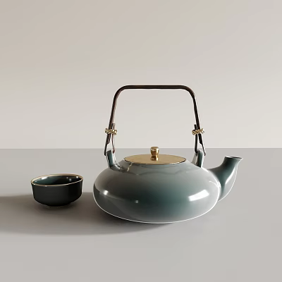 Elegant Teal Teapot With Gold Lid And Dark Teacup In Minimalist Design 3d model