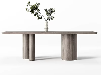 Modern Wooden Dining Table With Cylindrical Legs And White Vase Green Plants 3d model