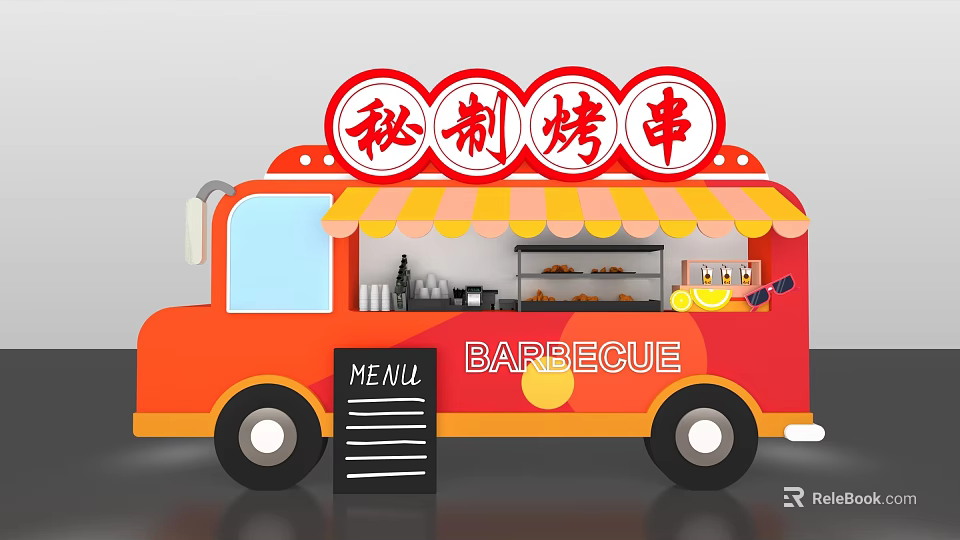 Orange Food Truck With Secret Recipe Barbecue Skewers Striped Awning And Menu Board 3d model 