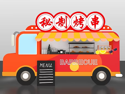 Orange Food Truck With Secret Recipe Barbecue Skewers Striped Awning And Menu Board 3d model