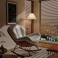 White And Brown Rocking Leisure Chair With Ottoman On Checkered Rug And Floor Lamp