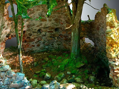 Ancient Stone Ruins Surrounded By Wooden Trees And Moss Covered Stones 3d model