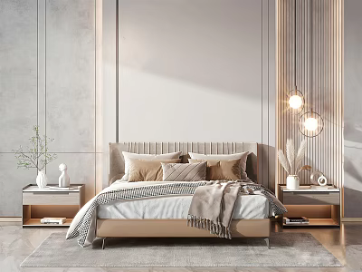 Modern Minimalist Bedroom Interior With Beige Bed Headboard Two Nightstands Lamps Gray Walls And Rug 3d model
