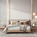 Modern Minimalist Bedroom Interior With Beige Bed Headboard Two Nightstands Lamps Gray Walls And Rug