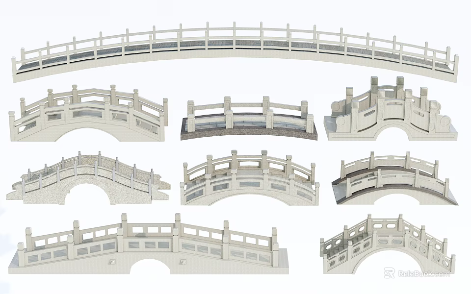 Various Styles of Landscape Bridges With Arched Structures and Decorative Railings 3d model 