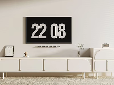 Modern White TV Stand with Decorative Figurine Vase Plant and Wall Mounted TV 3d model