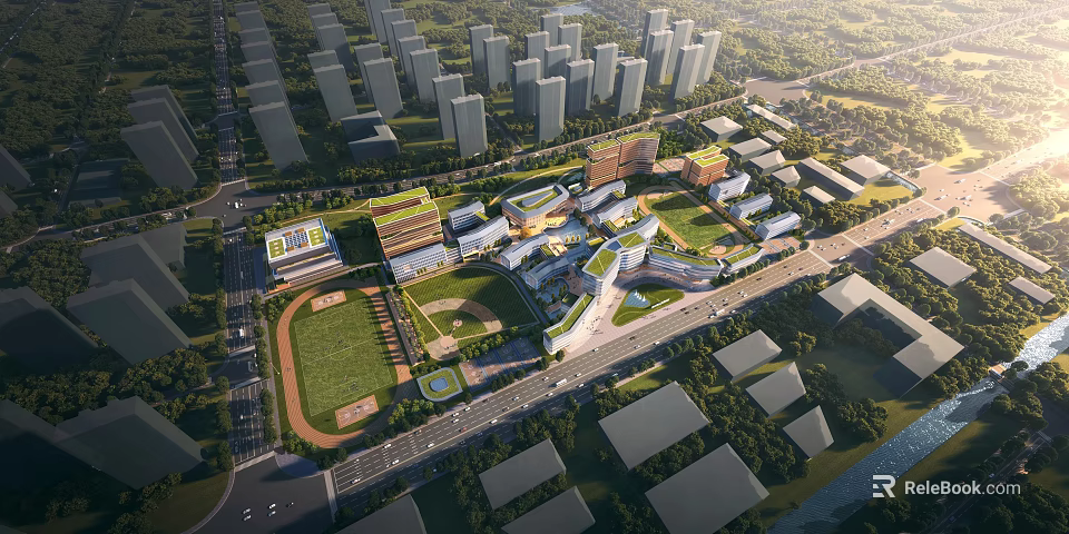 Modern School Campus Buildings With Green Spaces And Sports Facilities Design 3d model 
